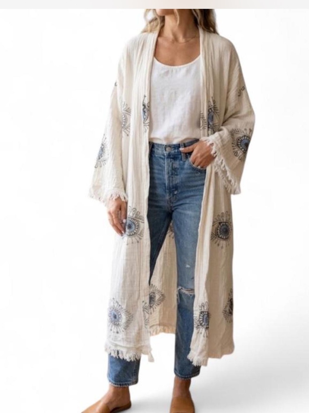 NOHO CANDLE CO Cream Evil Eye Fringed Linen Duster Kimono Coverup OS